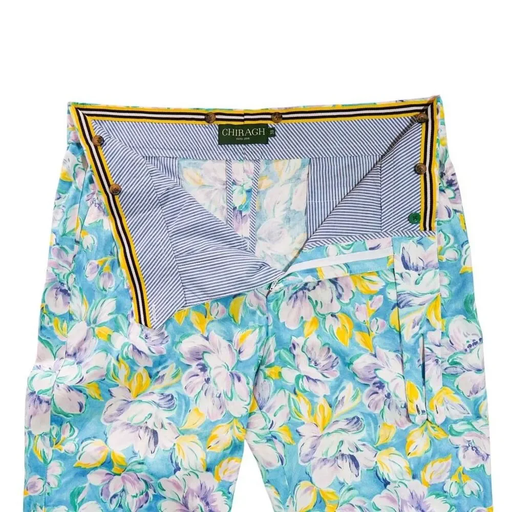 Mens Gurkha Pants 38 Blue Purple Yellow Floral Straight Fit Flat Front Trousers